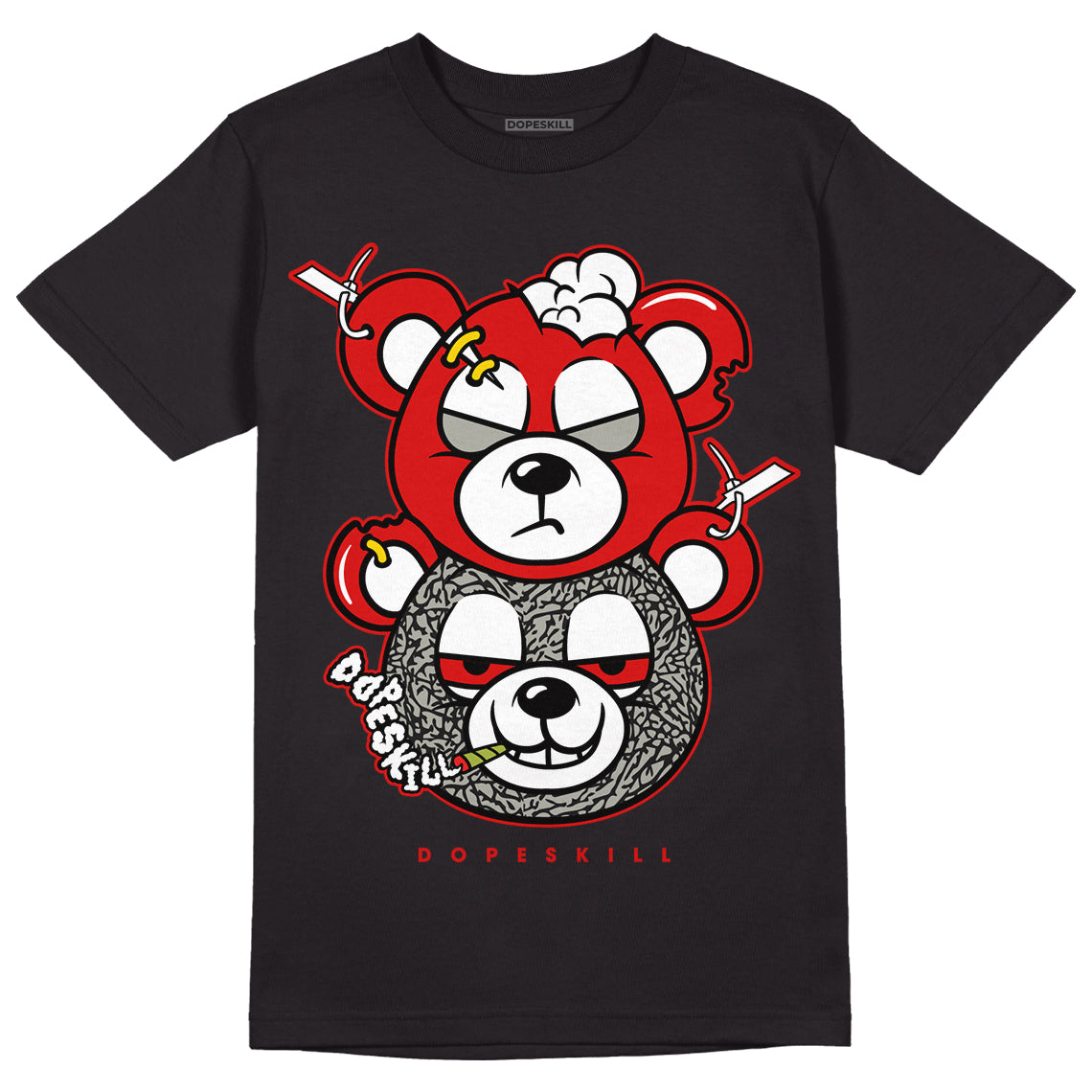 Fire Red 3s DopeSkill T-Shirt New Double Bear Graphic - Black