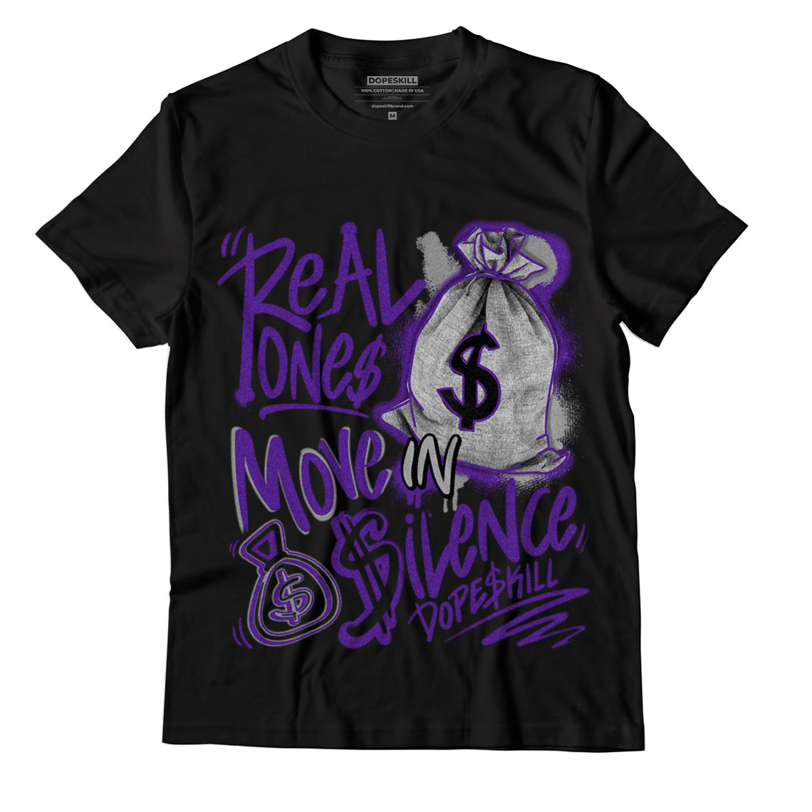 Jordan 3 Dark Iris DopeSkill T-Shirt Real Ones Move In Silence Graphic - Black 