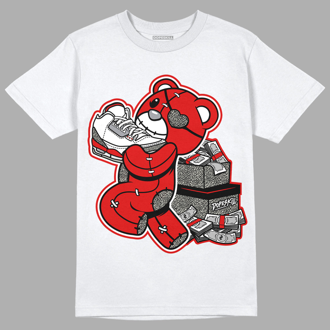 Fire Red 3s DopeSkill T-Shirt Bear Steals Sneaker Graphic - White 